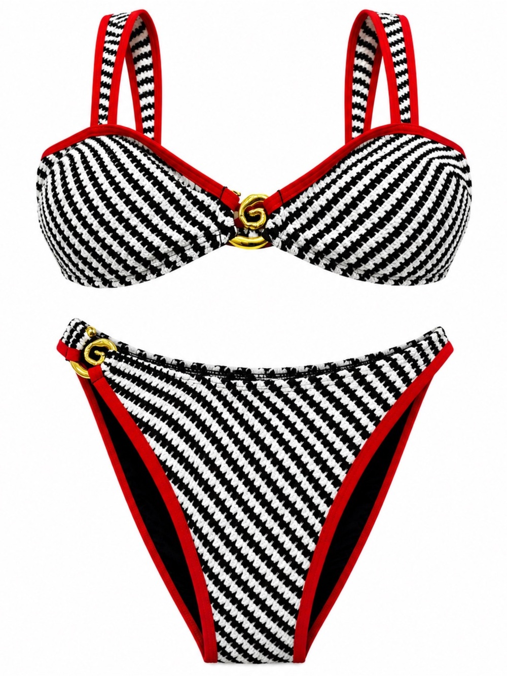 Cupshe Black & White Houndstooth Bikini with Red Trim and Gold Rings